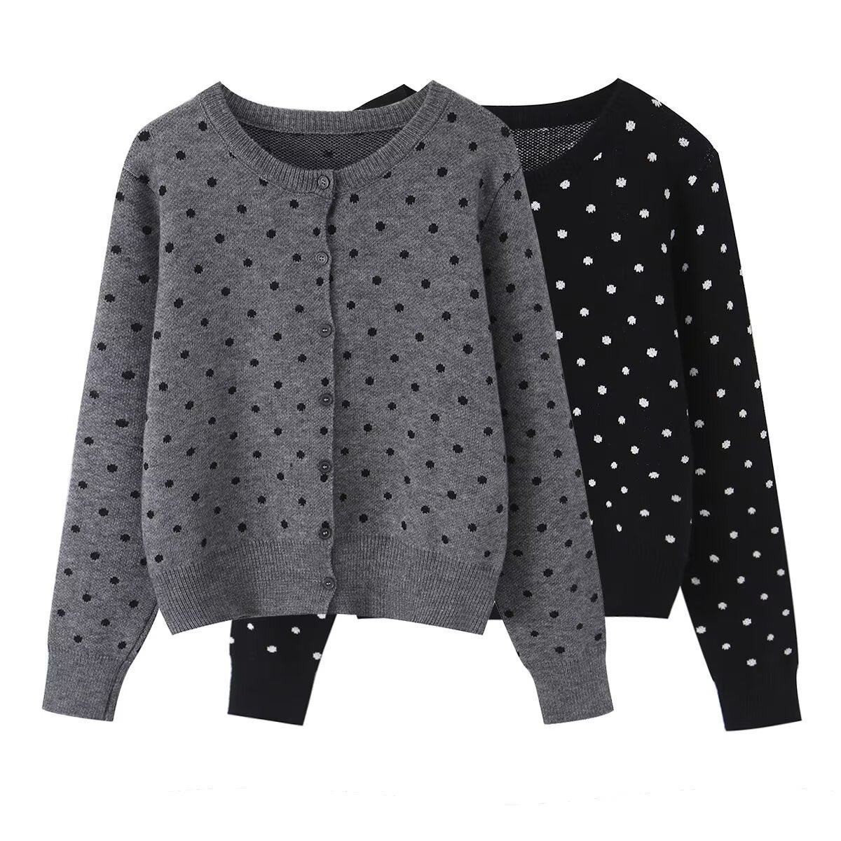 Women short cut fine knitted cardigan with round neckline, button placket and all-over polka dot pattern Fashion Glam