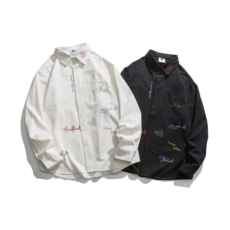 Men's Loose Button-Down Shirt with Multicolored Embroidery and Chest Pocket Fashion Glam