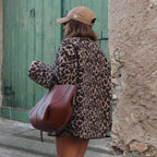 Women's Oversized Faux Fur Jacket in Leopard Print with Cord Trim and Patch Pockets Fashion Glam