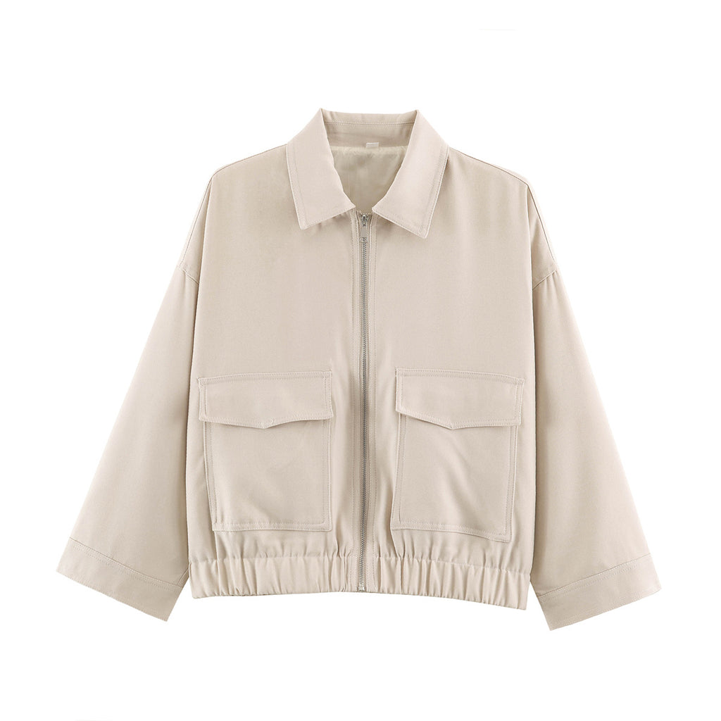 Women's Cropped Oversized Blouson Jacket with Large Flap Pockets, Full-Length Zipper and Elastic Hem Fashion Glam