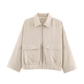 Women's Cropped Oversized Blouson Jacket with Large Flap Pockets, Full-Length Zipper and Elastic Hem Fashion Glam