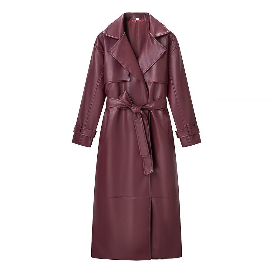 Women Oversize Faux Leather Coat in Trench Coat Style with Wide Lapels Fashion Glam
