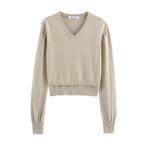 Women's Short Fine Knit Sweater with Balloon Sleeves and Decorative Button Waist Fashion Glam