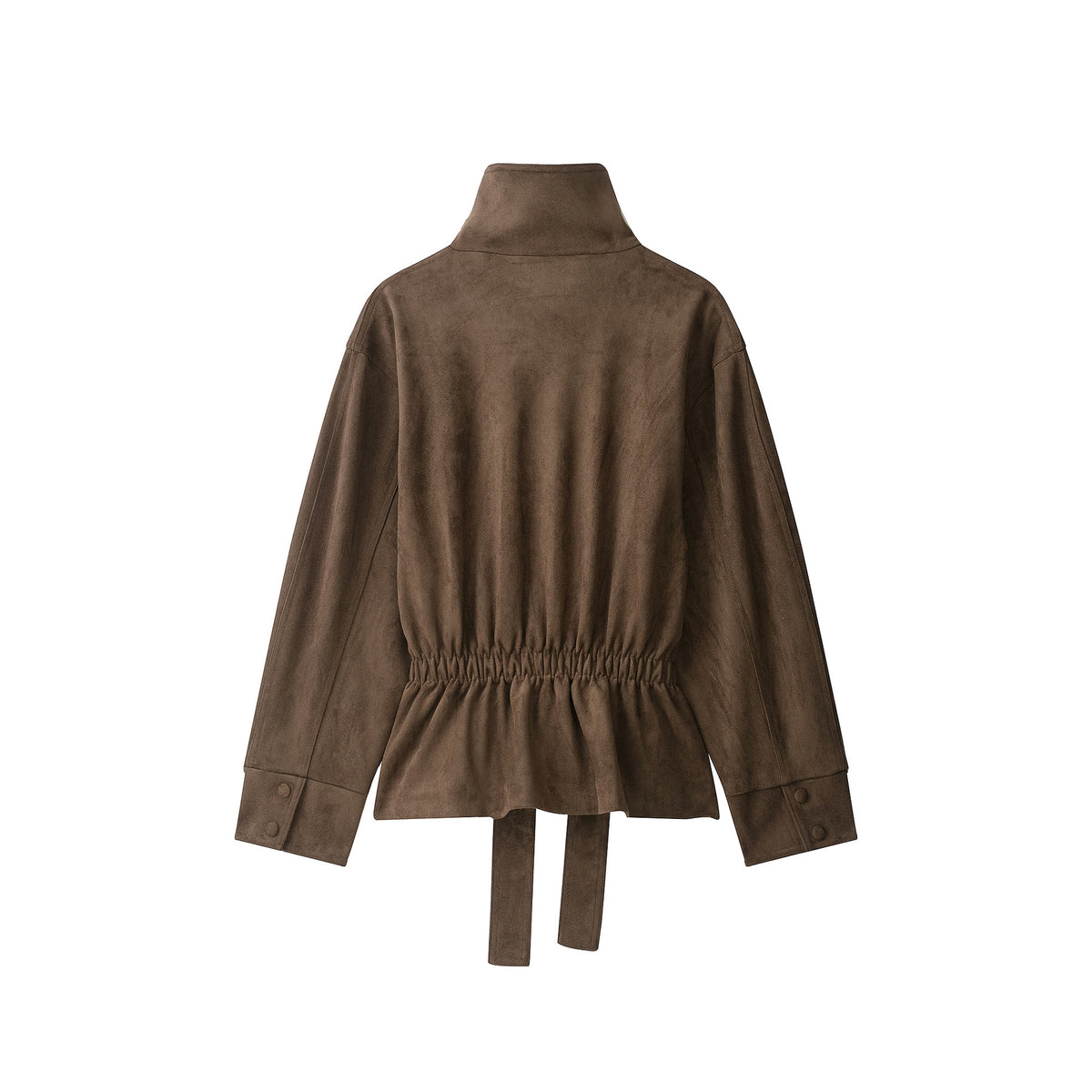 Women's Short Suede Jacket with High Stand Collar and Tie Belt Fashion Glam