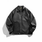 Unisex Boxy Faux Leather Blouson Jacket with Shirt Collar, Diagonal Chest Zip and Snap Hem Fashion Glam