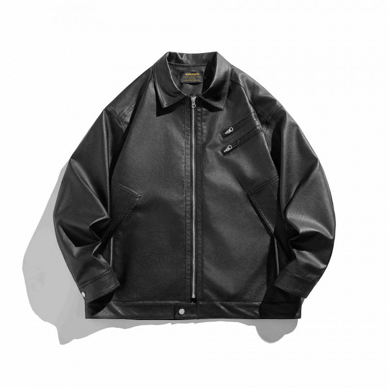 Unisex Boxy Faux Leather Blouson Jacket with Shirt Collar, Diagonal Chest Zip and Snap Hem Fashion Glam
