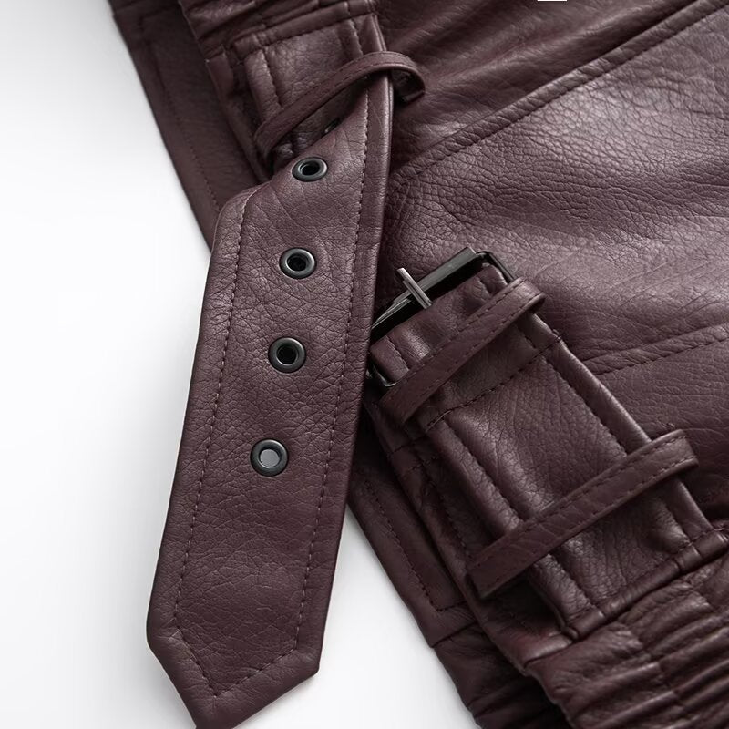 Ladies Oversize Faux Leather Biker Jacket with Asymmetrical Zipper, Belt and Elastic Waist Fashion Glam
