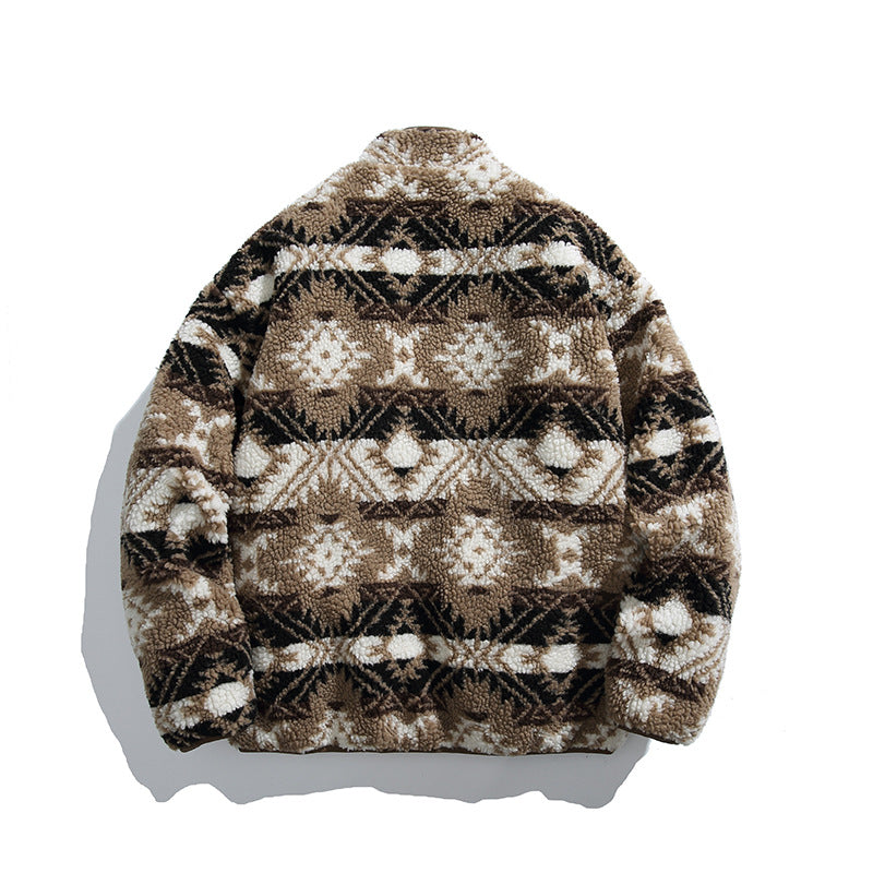 Unisex teddy fleece jacket in tribal pattern with stand-up collar and continuous zipper Fashion Glam