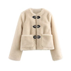 Women's Short Teddy Jacket Made of Faux Fur with Toggle Closures and Patch Pockets Fashion Glam