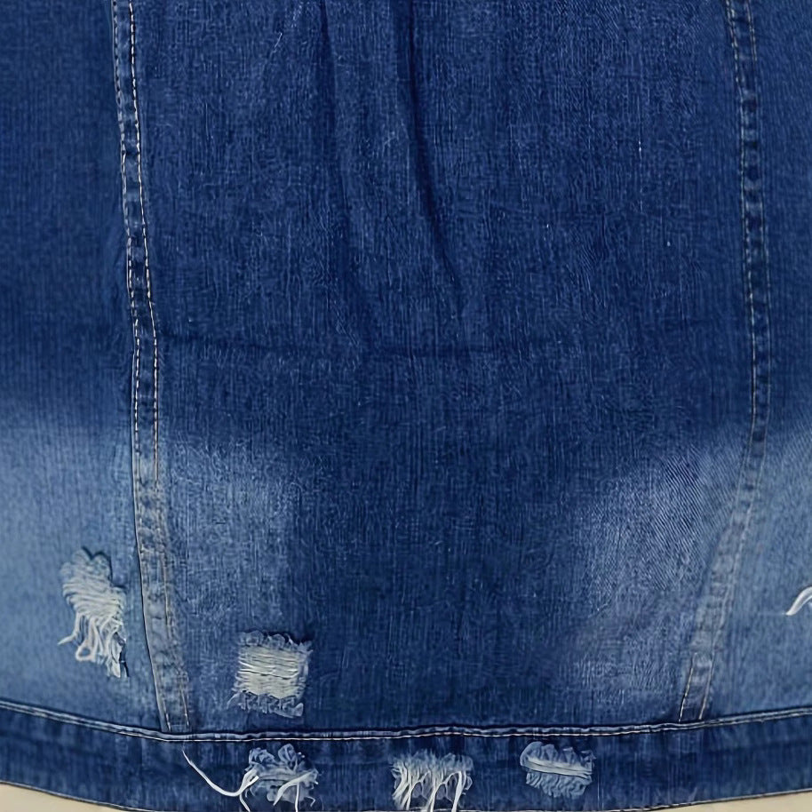 Women's Oversize Longline Denim Jacket with Distressed Details and Flap Pockets Fashion Glam