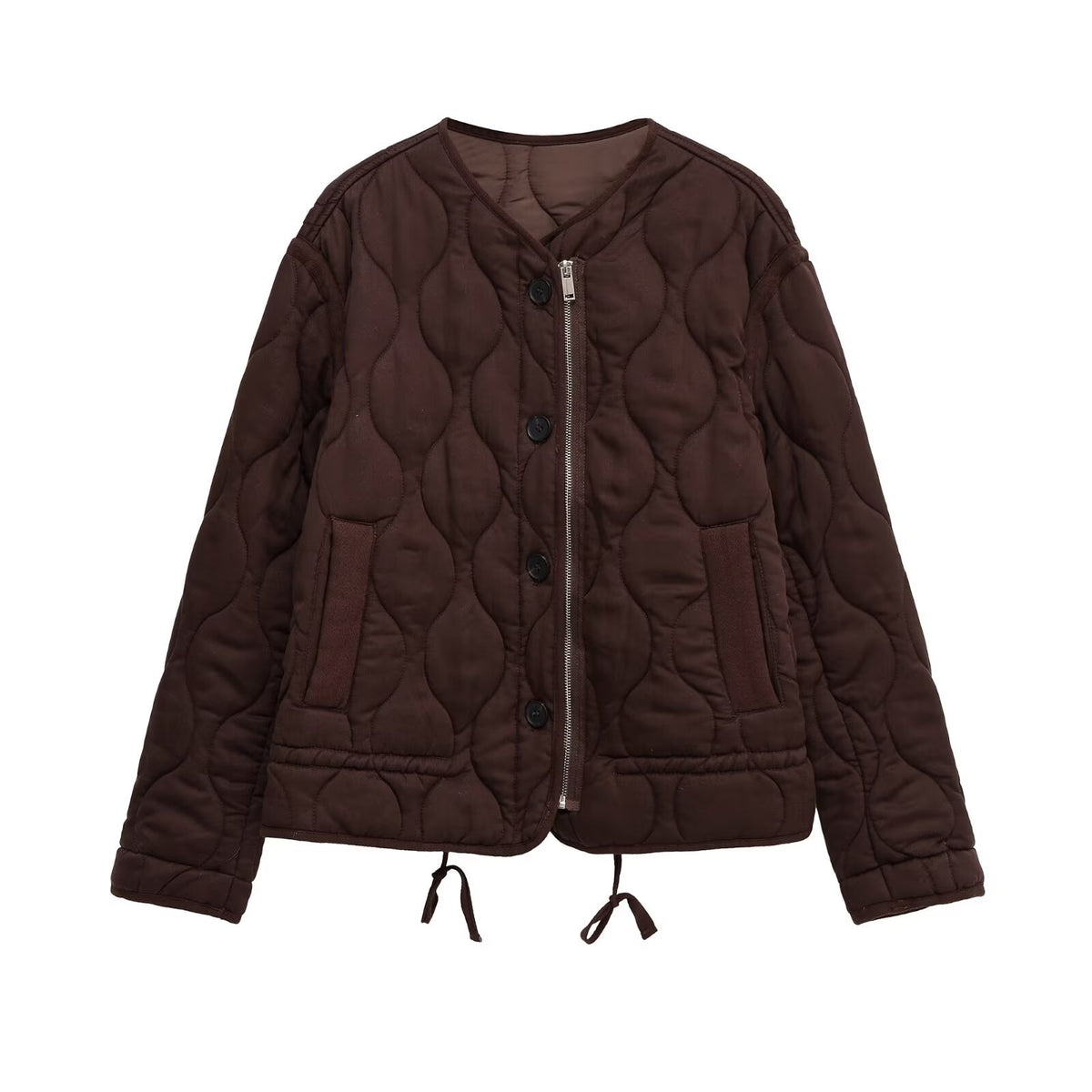 Women quilted transition jacket with zipper and button placket, round neck and drawstring Fashion Glam