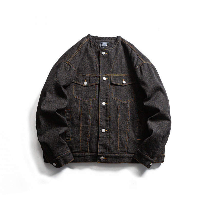 Men's Round Neck Denim Jacket in Boxy Cut with Contrast Stitching and Flap Pockets Fashion Glam