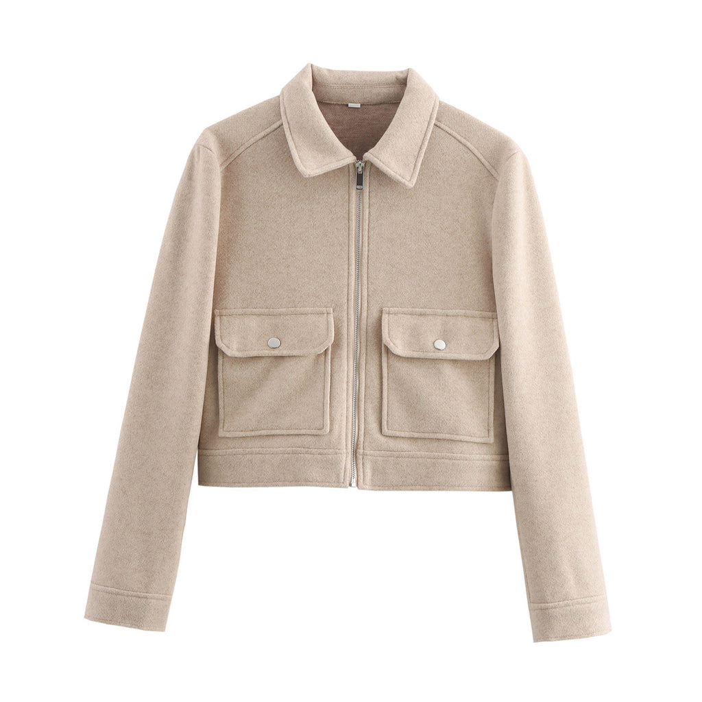 Women's short boxy wool jacket with full zip and patch pockets Fashion Glam