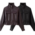 Women cropped faux leather jacket with stand collar, zipper and tailored smocking Fashion Glam