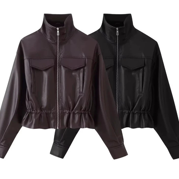 Women cropped faux leather jacket with stand collar, zipper and tailored smocking Fashion Glam