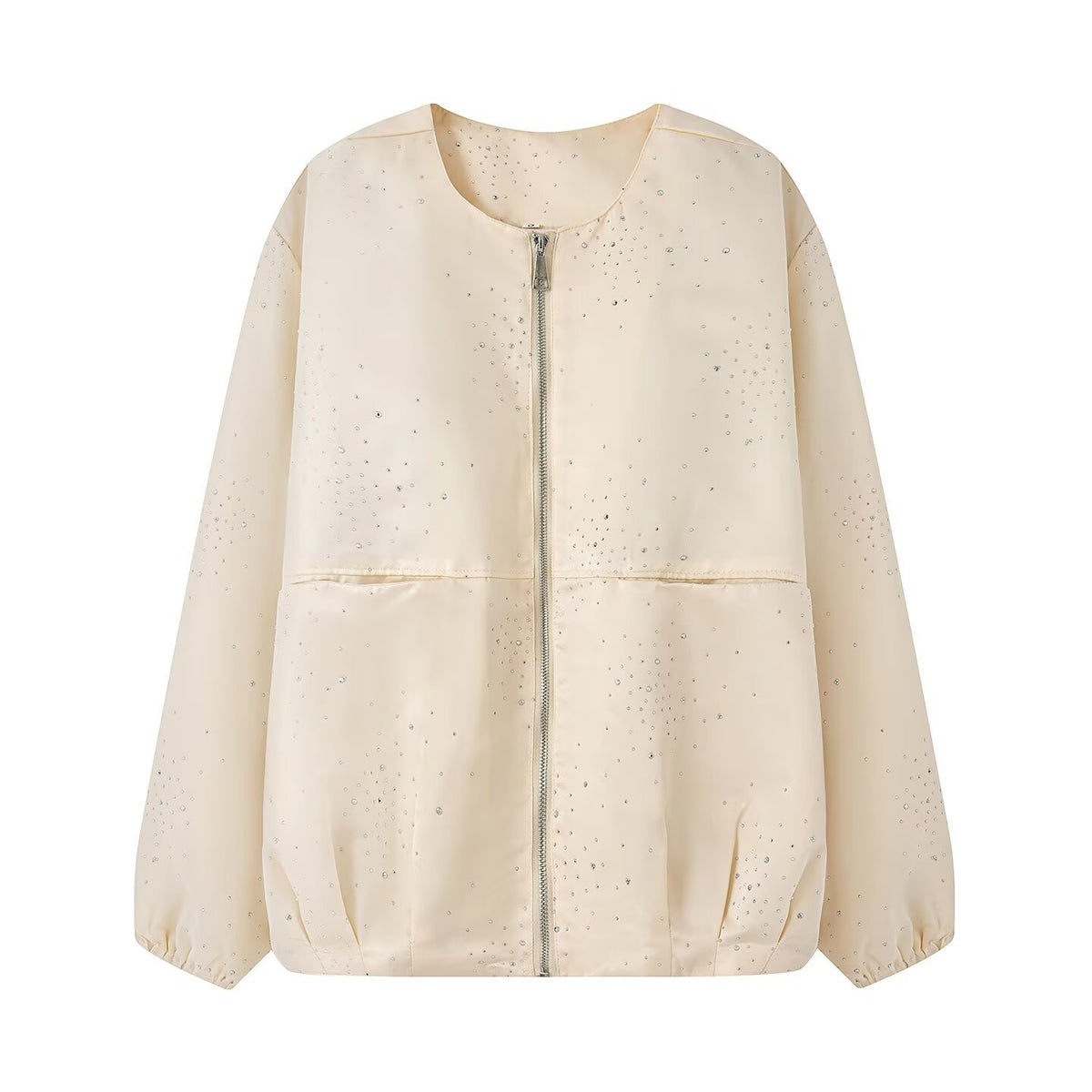 Women's Shiny Bomber Jacket with Decorative Stone Trim and Elastic Hem Fashion Glam