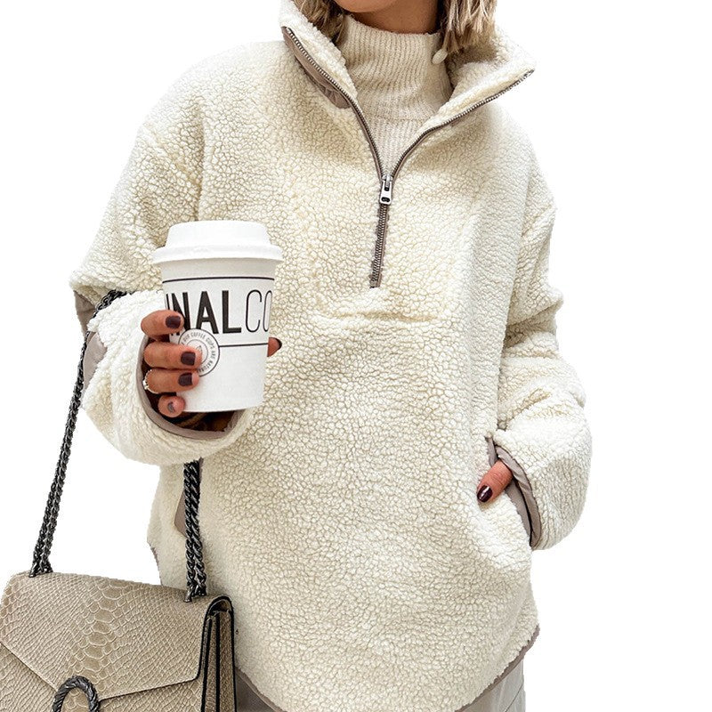Women's Oversized Sherpa-Fleece Pullover with Half Zipper and Kangaroo Pocket Fashion Glam