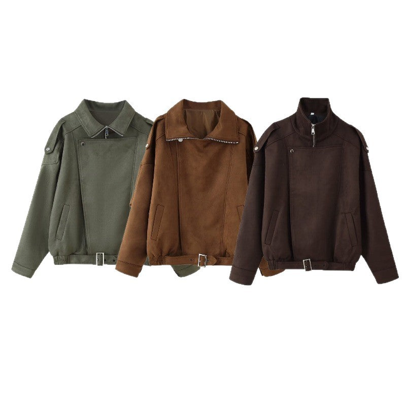 Women's short jacket in biker blouson style with belt and asymmetrical flap Fashion Glam