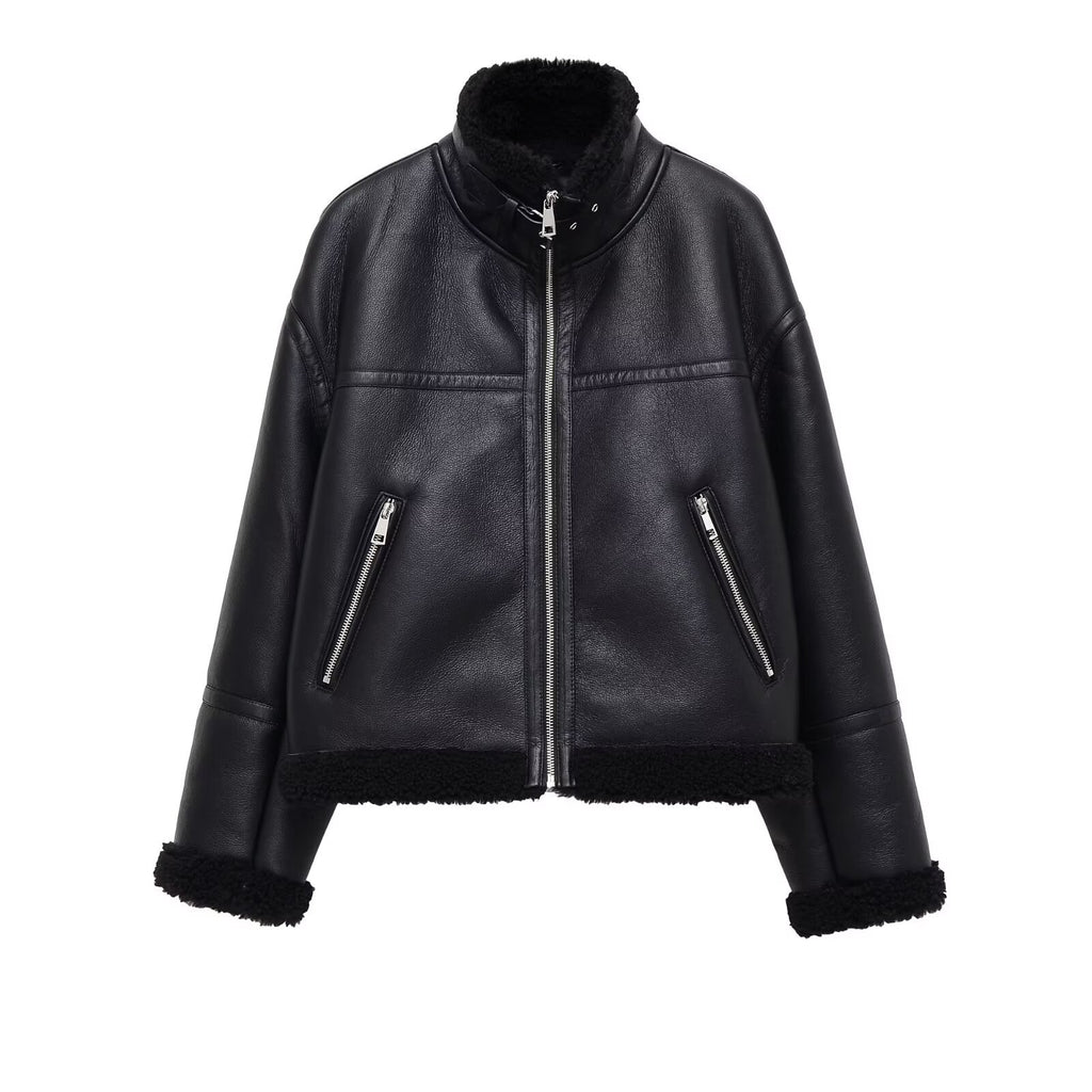 Women's Oversize Pilot Jacket made of Faux Leather with Teddy Lining and Stand Collar Fashion Glam