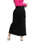 Women's cargo jeans midi skirt with front slit and patch cargo pockets Fashion Glam