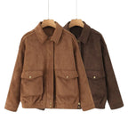 Women's Oversize Suede-Look Bomber Jacket with Flap Pockets and Elastic Hem Fashion Glam