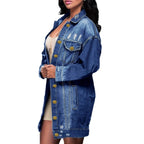 Women's Oversize Longline Denim Jacket with Distressed Details and Flap Pockets Fashion Glam
