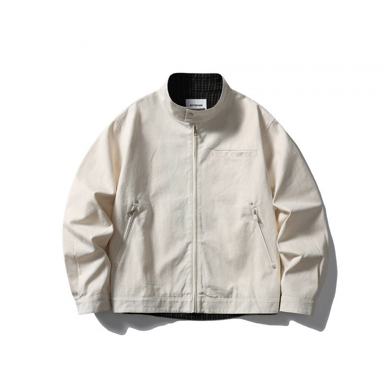 Men's lightweight cotton canvas jacket with stand-up collar and plaid lining Fashion Glam