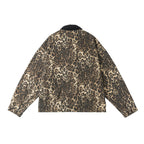 Unisex Boxy Denim Jacket in Leopard Print with Corduroy Collar, Zipper and Fringe Trim Fashion Glam