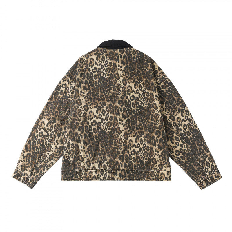 Unisex Boxy Denim Jacket in Leopard Print with Corduroy Collar, Zipper and Fringe Trim Fashion Glam