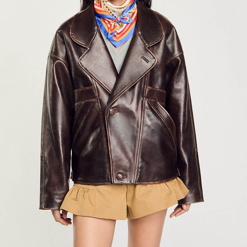 Women's Oversize Faux Leather Bomber Jacket with Round Collar and Distinctive Seam Details Fashion Glam