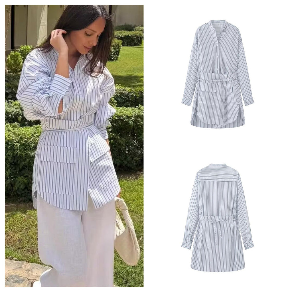 Women's shirt dress with belted waist, mandarin collar, and patch pockets Fashion Glam