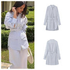 Women's shirt dress with belted waist, mandarin collar, and patch pockets Fashion Glam