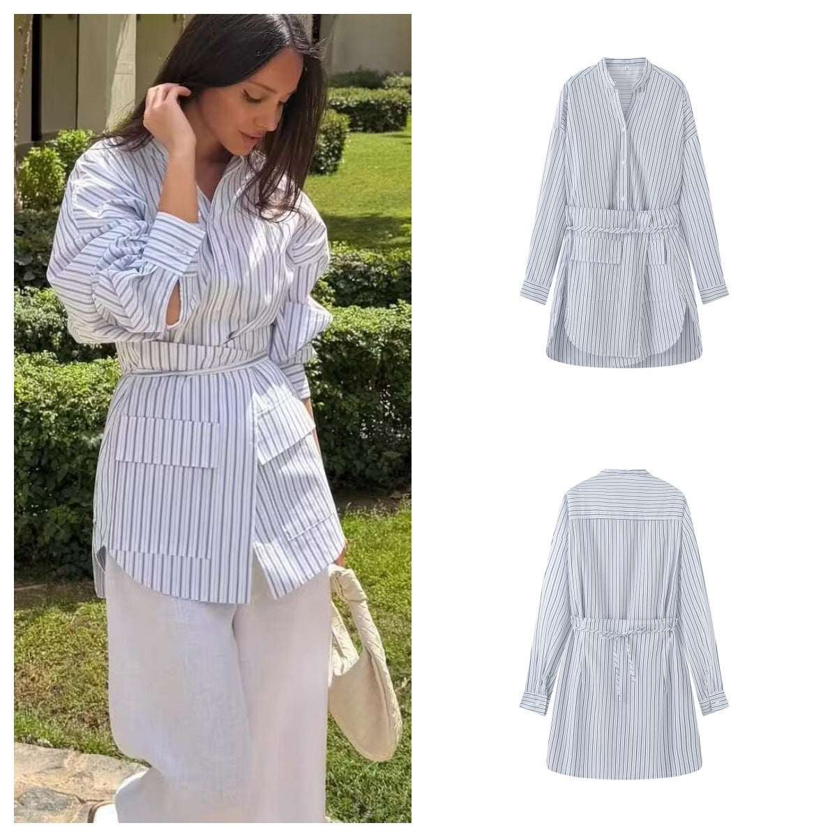 Women's shirt dress with belted waist, mandarin collar, and patch pockets Fashion Glam