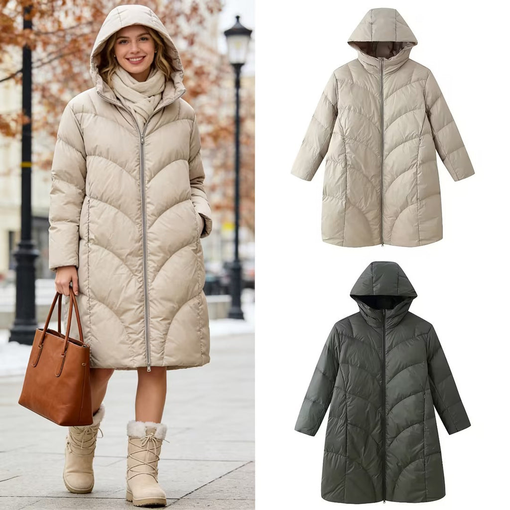 Women's longer padded quilted coat with hood and double zipper Fashion Glam
