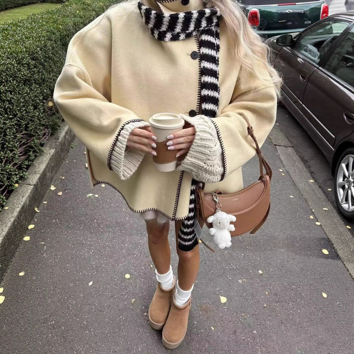 Women's Short Boxy Coat-Cape with Standing Collar and Contrast Decorative Stitch Fashion Glam