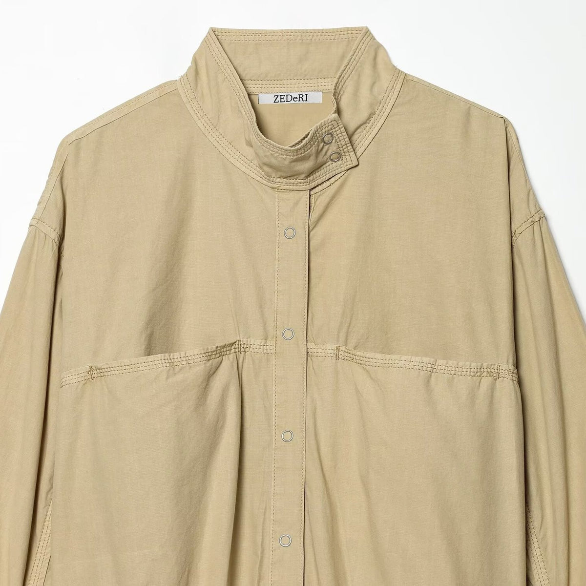 Women's Cropped Bomber Jacket with Stand-Up Collar, Snap Button Placket and Gathered Sleeves Fashion Glam