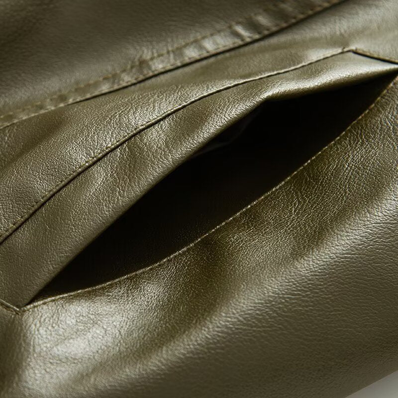 Women's Oversize Faux Leather Blouson with Elastic Hem, Slanted Zipper Chest Pocket and Zipper Sleeves Fashion Glam