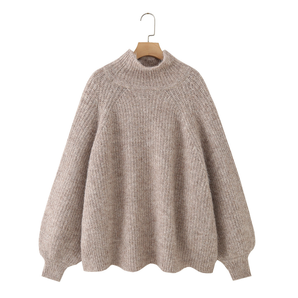 Women Oversize Mohair-Optic Knit Sweater with Stand-Up Collar and Balloon Sleeves Fashion Glam
