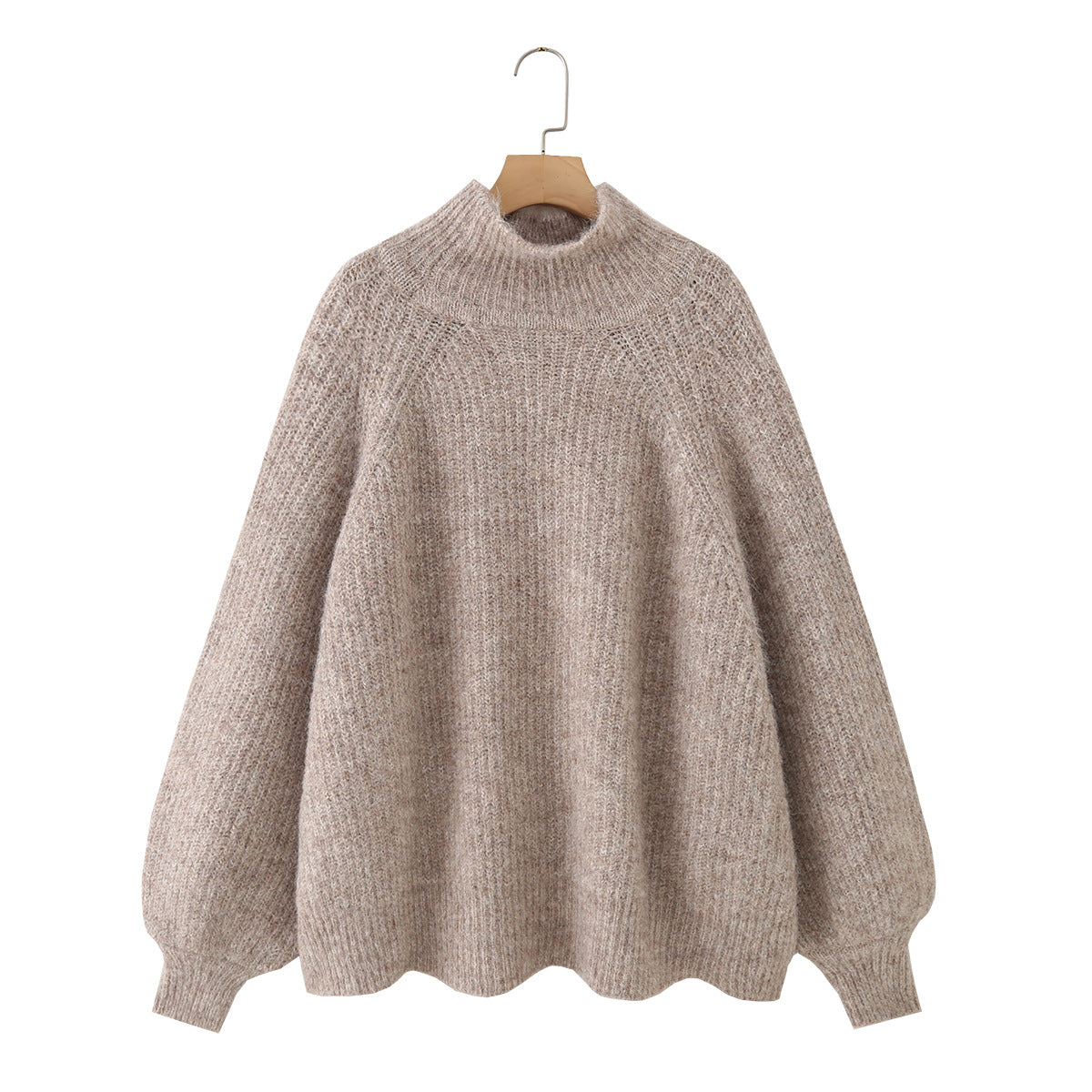 Women Oversize Mohair-Optic Knit Sweater with Stand-Up Collar and Balloon Sleeves Fashion Glam