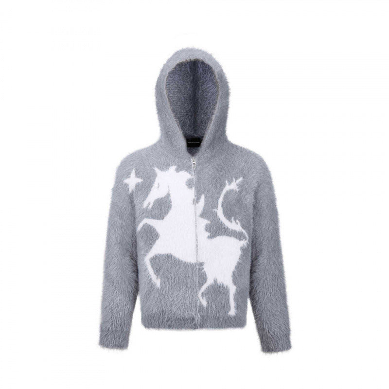 Unisex Fluffy Hoodie with Unicorn Motif and Continuous Zipper Fashion Glam