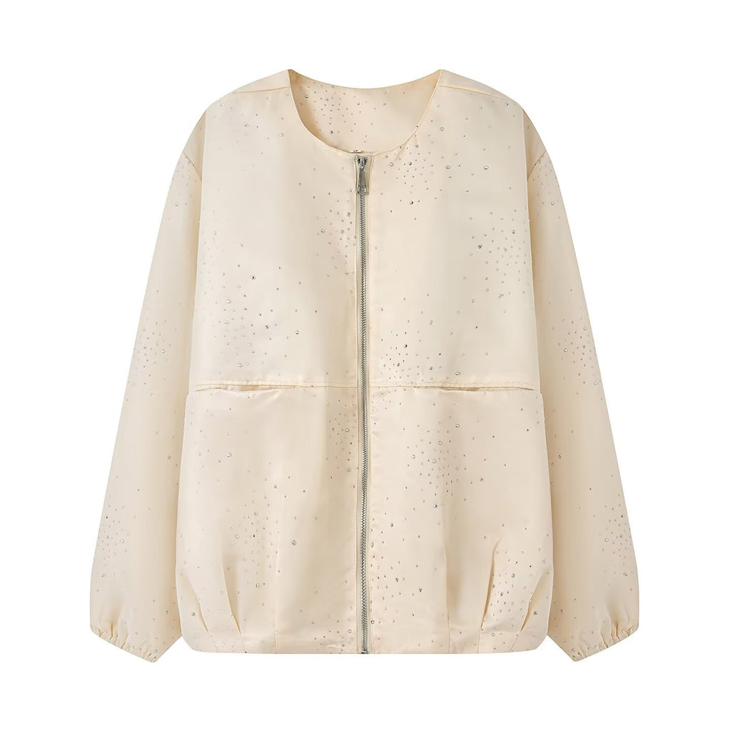 Women's Shiny Bomber Jacket with Decorative Stone Trim and Elastic Hem Fashion Glam