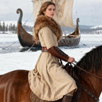 Ladies Medieval Faux Leather Breastplate with Embossed Ornamentation and Faux Fur Shoulder Collar Fashion Glam