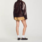 Women's Oversize Faux Leather Bomber Jacket with Round Collar and Distinctive Seam Details Fashion Glam