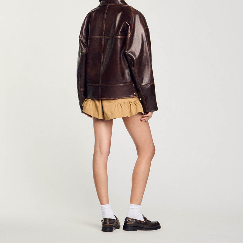 Women's Oversize Faux Leather Bomber Jacket with Round Collar and Distinctive Seam Details Fashion Glam