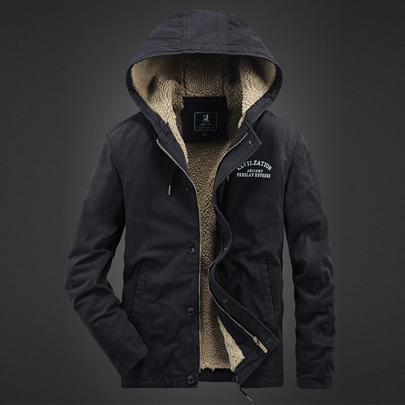 Men's Hooded Canvas Parka with Teddy Lining and Windproof Front Fashion Glam