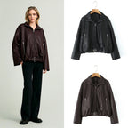 Women’s cropped oversized leather jacket in bomber style with zippered pockets and waist belt Fashion Glam
