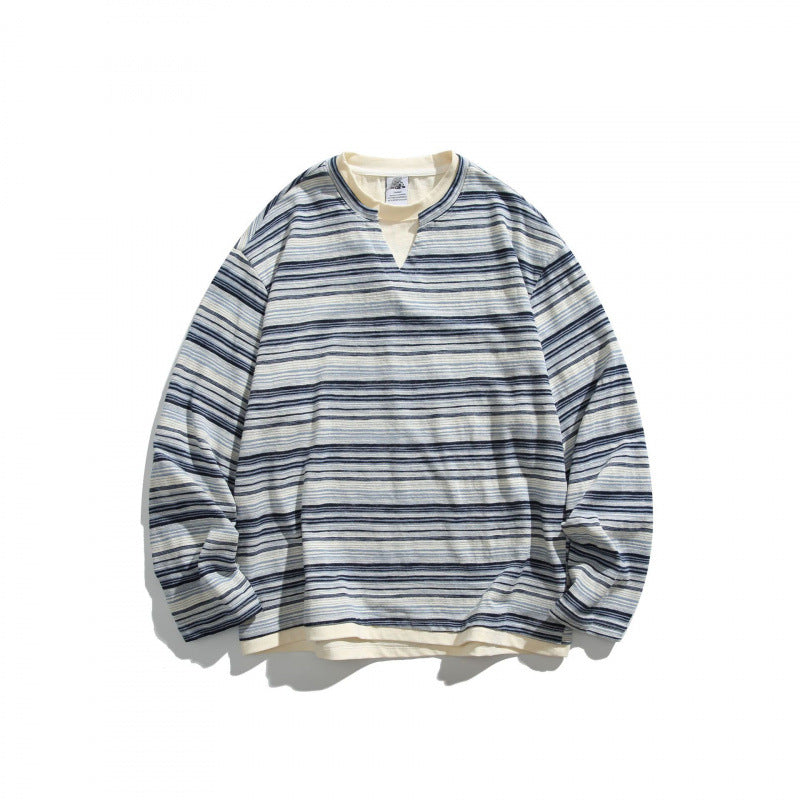 Unisex Striped Oversized Sweater with V-Inset and Layered Look Fashion Glam