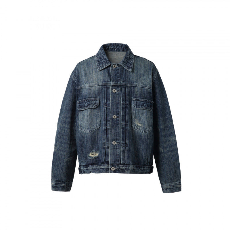 Men's Oversize Vintage Denim Jacket with Used Effect and Chest Pockets Fashion Glam