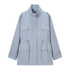 Women’s field jacket in utility style with drawstring waist, flap pockets, and stand-up collar Fashion Glam