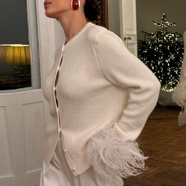 Women's Knit Cardigan with Pearl Buttons and Luxurious Faux Fur Cuffs Fashion Glam